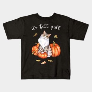 Watercolor Cat Art Autumn Its Fall Yall Cat Lover Gifts Kids T-Shirt